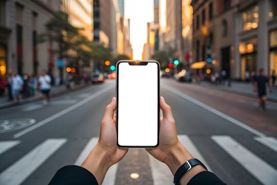 Person holding a smartphone with a blank screen in a city street - Powered by Adobe