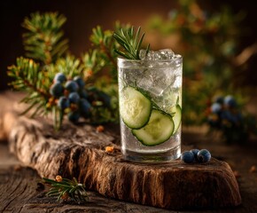 Refreshing hard seltzer with ice, cucumber and rosemary on an old piece of driftwood. In the background