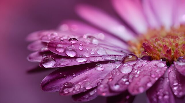 Purple gerbera flower with dew drops close up