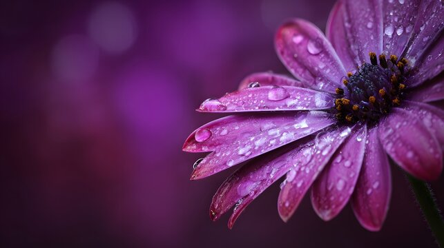 Purple gerbera flower with dew drops close up