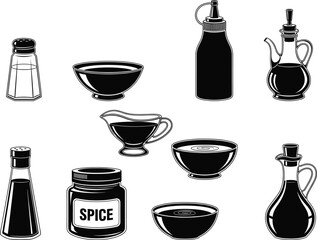 Vector set of kitchen condiment containers and bowls including spice jar, sauce bottles, oil cruet, salt shaker, and sauce bowls in black silhouette style