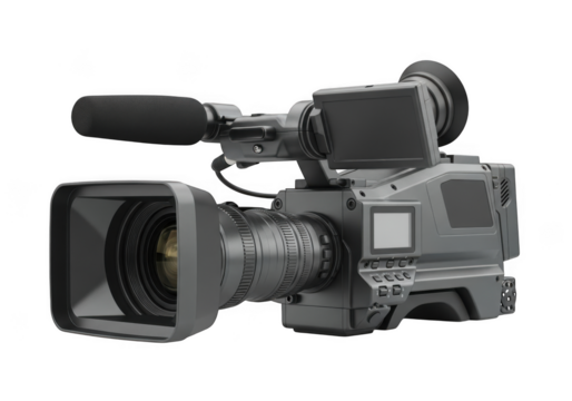 Professional broadcast video camera isolated on transparent background