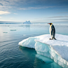 Fototapeta premium Majestic emperor penguin standing on an iceberg in the vast expanse of the antarctic, a symbol of resilience in the face of extreme environmental conditions