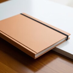 Fototapeta premium A closed tan leather bound notebook with an elastic band closure rests on a white surface isolated on white background