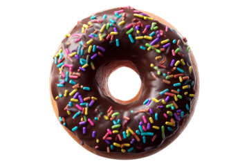 a doughnut with chocolate glaze and colorful sprinkles, isolated on a transparent background in PNG format.