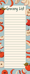 Grocery List Notepad Design with Hand Painted Apples Background and Lines for Text. Cute Fall Stationery Paper