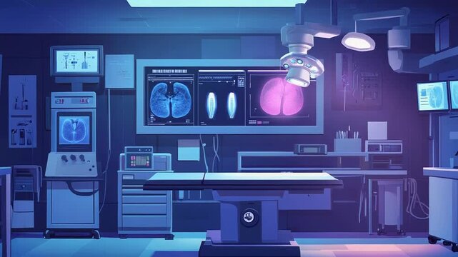 Empty operating room with modern equipment displaying brain scans at night