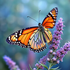 Naklejka premium A closeup of a monarch butterfly perched on a vibrant purple flower, its wings spread wide, showcasing intricate patterns and colors in a natural garden setting