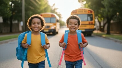 Two happy children walking to school with backpacks. - Powered by Adobe
