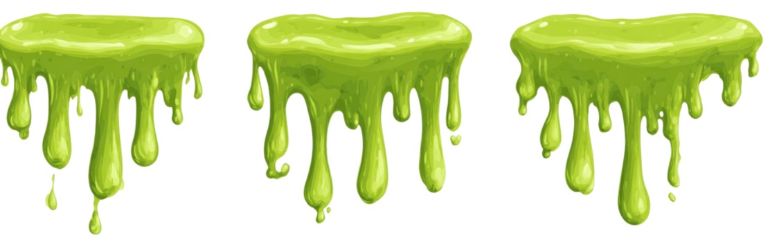 Three dripping blobs of bright green slime