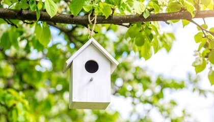 White birdhouse hangs from branch in spring tree