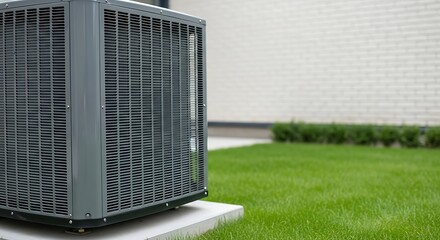 Closeup of a large outdoor air conditioning unit on a green lawn