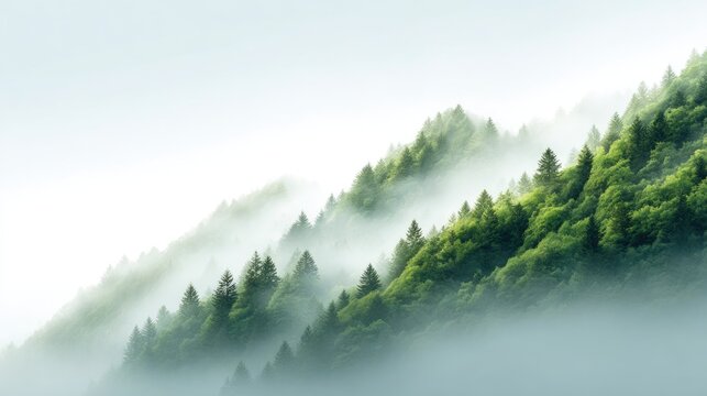 Mist rising over lush green forest hills