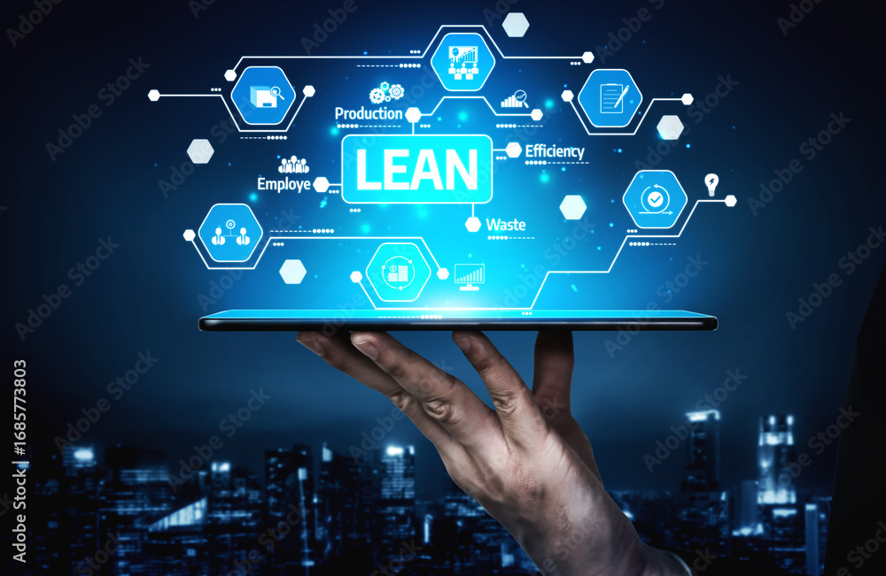 Poster a hand holds a tablet displaying a modern digital interface representing lean management to enhance 