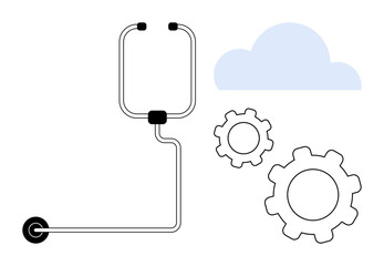 Stethoscope connected to gears and cloud, representing medical technology, innovation, telemedicine, cloud computing, data analysis, healthcare integration. Ideal for healthcare, technology simple