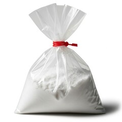 A clear plastic bag filled with white powder tied with a red twist tie isolated on white background