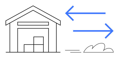 Warehouse with stacked boxes and arrows symbolizing logistics, shipping, and supply chain operations. Ideal for delivery, freight, storage, distribution, business efficiency, transportation simple