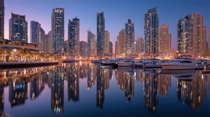 Fototapeta premium Vibrant skyline of luxury towers reflecting in calm waters of a marina in Dubai during twilight hours