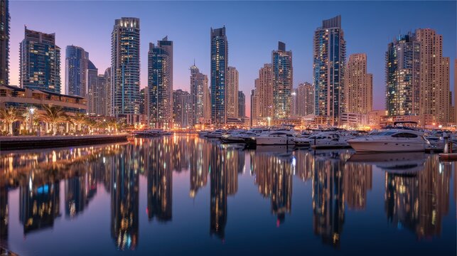 Vibrant skyline of luxury towers reflecting in calm waters of a marina in Dubai during twilight hours
