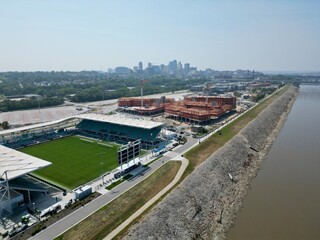 aerial view of the city Behind river © Tom