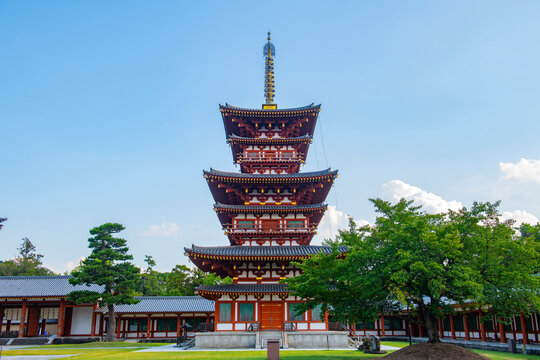 West Pagoda (Saito) Hall of Yakushi Ji Temple. This temple is a Hosso Buddhist temple in historic city of Nara, Japan. This temple belongs to Ancient Nara UNESCO World Heritage Site.