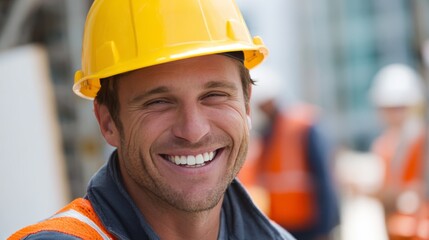 Smiling construction worker wearing hard hat and safety vest on building site.