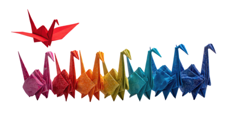 Rainbow origami cranes, a red crane above