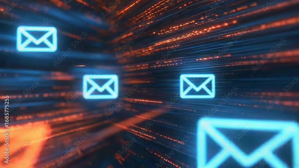 Poster email icons are moving fast through cyberspace with data flow
