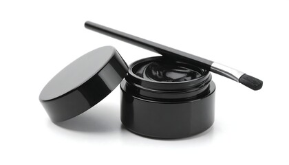 Beauty product concept of a black gel eyeliner with an application brush