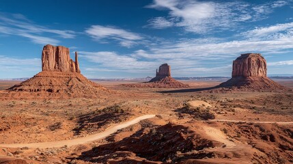 Fototapeta premium Red sandstone buttes rise majestically from the arid desert floor under a brilliant blue sky. A road winds through the iconic landscape.