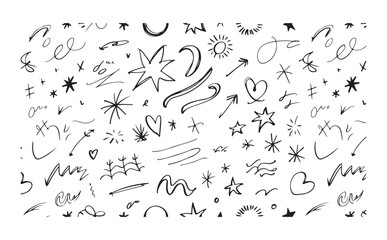 Hand drawn doodle set with abstract lines, arrows, stars, hearts, swirls, sketch elements, playful decorative symbols vector pack