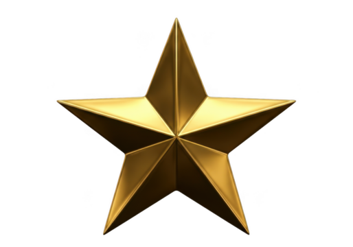 Golden five pointed star isolated on transparent background