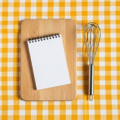 A wooden cutting board with a blank spiral notebook and a metal whisk isolated on white background
