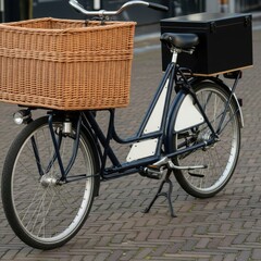 Classic dutch bicycle with large wicker front basket and rear cargo box isolated on white background