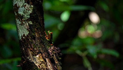 A tiny, vibrant frog on a tree