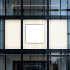 Modern building facade with three illuminated panels and central blank white display isolated on white background