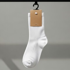 A single white sock with a brown tag hangs from a black hook isolated on white background