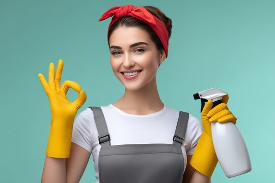 Smiling woman in cleaning gloves holding spray bottle and showing OK gesture.