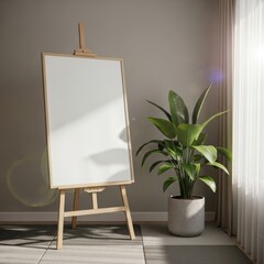 Empty canvas on wooden easel with potted plant and sunlight streaming through window isolated on white background