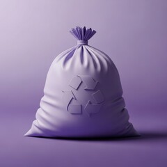 A single purple garbage bag with a recycling symbol embossed on its surface isolated on white background