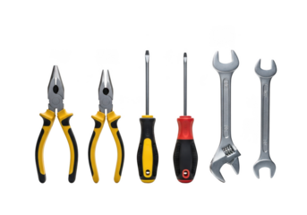 Assorted hand tools including pliers screwdrivers and wrenches isolated on transparent background