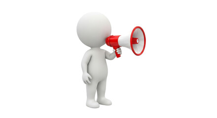 Isolated stick figure promoting with red megaphone, person shouting, announcing an event