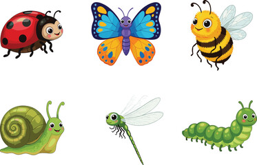 Cartoon insects and snail illustration, cute bug characters, colorful vector animals for kids, educational nature clipart design
