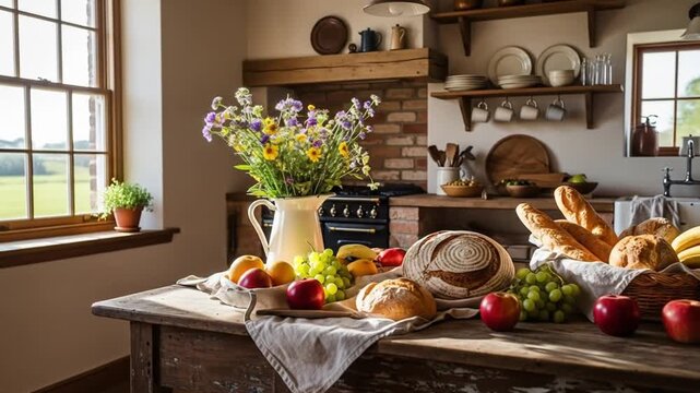 Rustic kitchen scene with fresh bread, fruits, and flowers