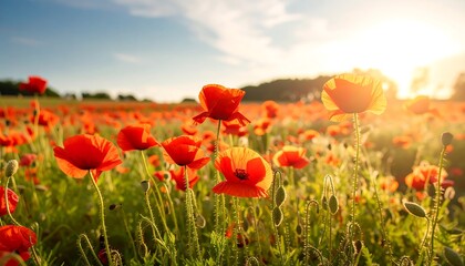 A field of bright red poppies glows under a setting sun's warm rays, with a blue sky