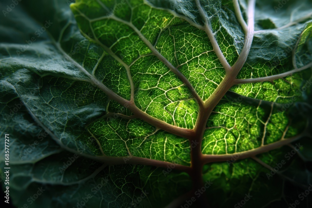 Poster closeup view of intricate patterns on a leaf illuminated by natural light showcasing detailed textur