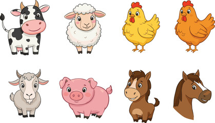 Cartoon Farm Animals, Cute Barnyard Creatures, Educational Animal Clipart, Friendly Graphics, Fun Farm Illustration Set