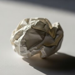 A single crumpled piece of white paper ball casting a shadow on a plain surface isolated on white background