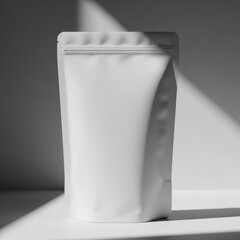A plain white resealable stand up pouch casting a shadow with dramatic lighting isolated on white background