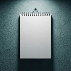 Blank spiral bound notebook hanging on a textured wall under a spotlight isolated on white background